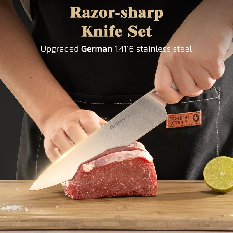 Astercook Knife Set Kitchen with Block and Sharpener Premium Full Tang 17 Pcs German Stainless Steel Knives Dishwasher Safe Kitchen Utensils Set with with and Anti-slip Ergonomic Handle, Cream White - Image 5